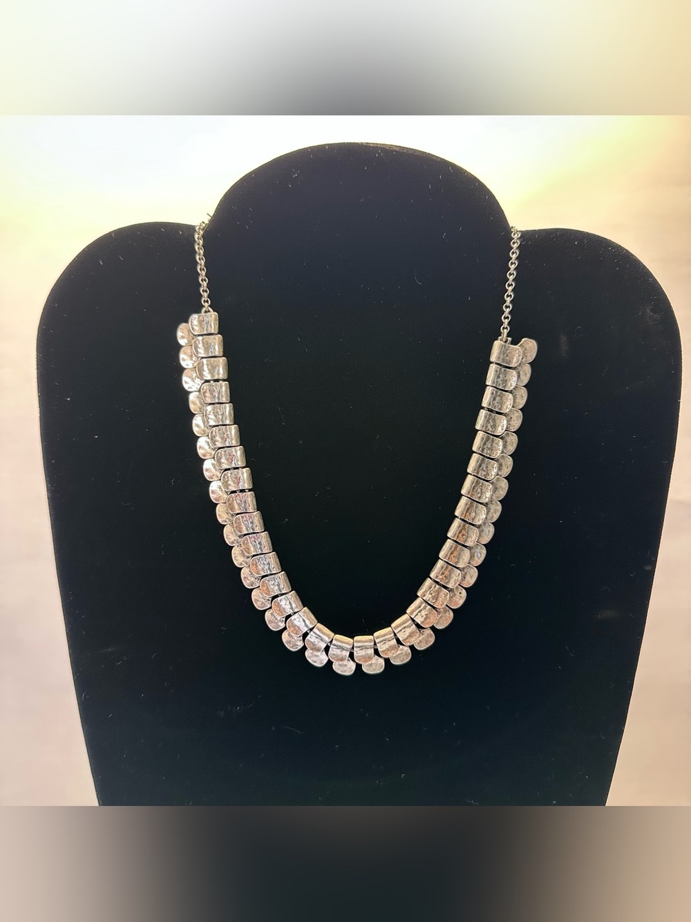 Lucky Brand Silvertone Hammered Segmented Scale Bib Collar Necklace 16-18"